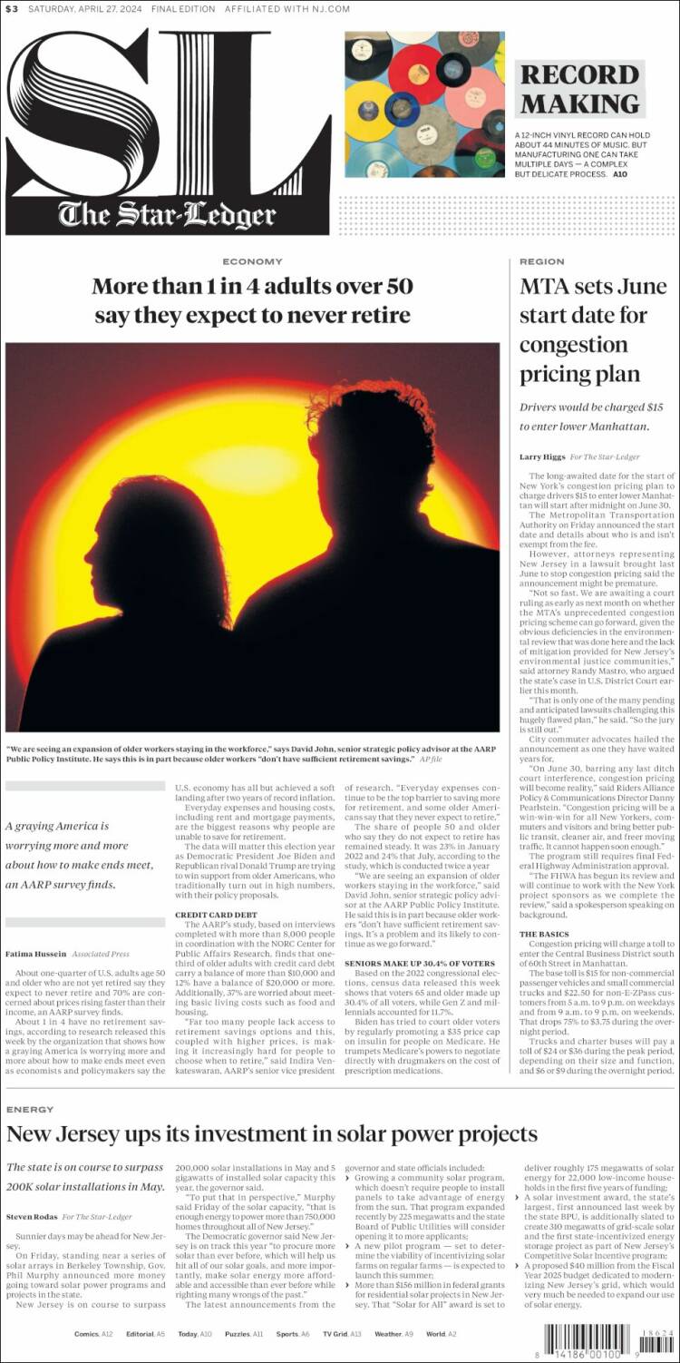 Portada de Star-Ledger (USA)