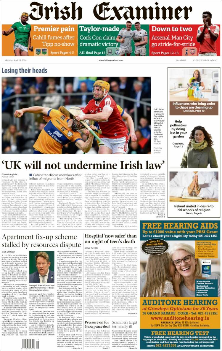Portada de Irish Examiner (Irlanda)