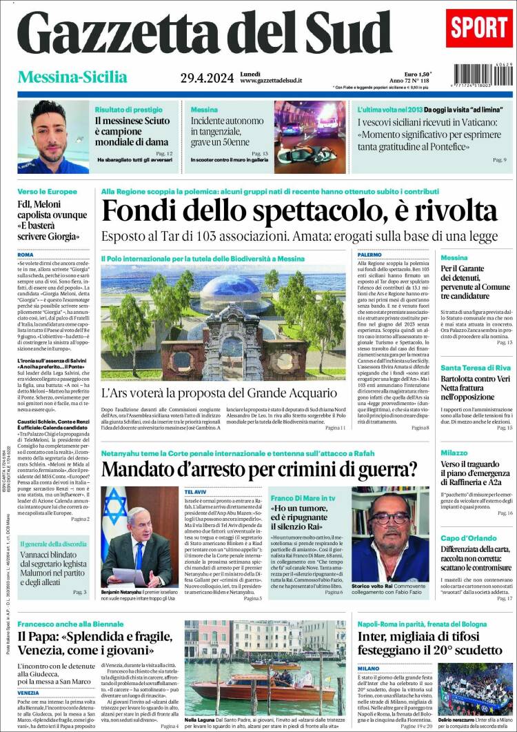 Portada de Gazzetta del Sud (Italia)