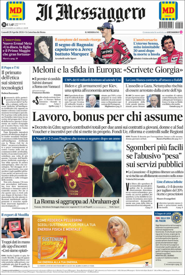 Portada de Il Messaggero (Italia)