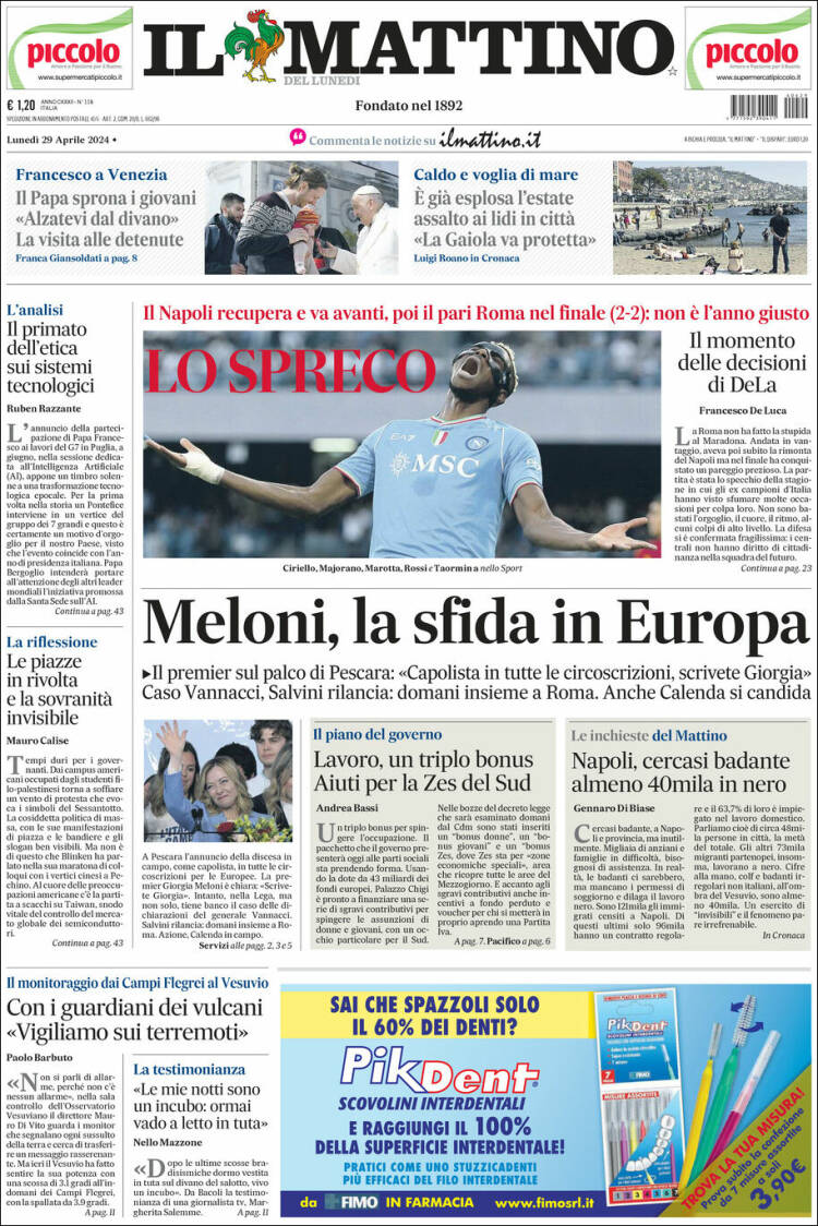 Portada de Il Mattino (Italia)