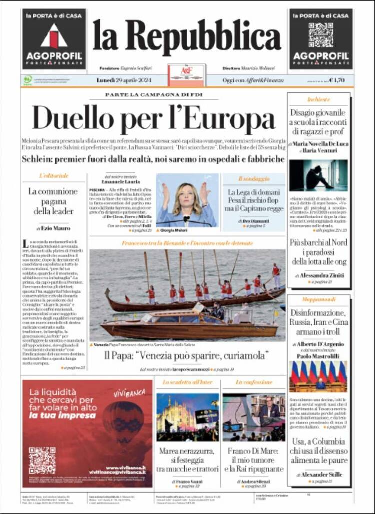 Portada de La Repubblica (Italia)