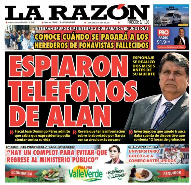 Portada de La Razón (Per&uacute;)