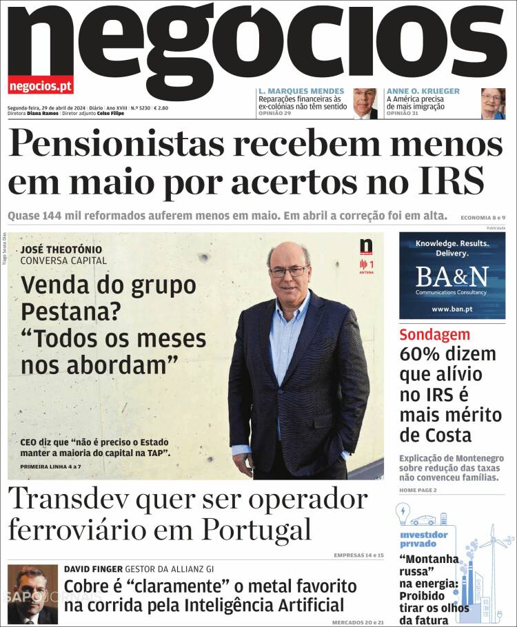 Portada de Jornal de Negócios (Portugal)