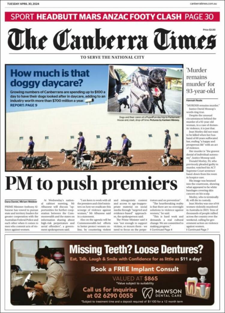Portada de The Canberra Times (Australia)