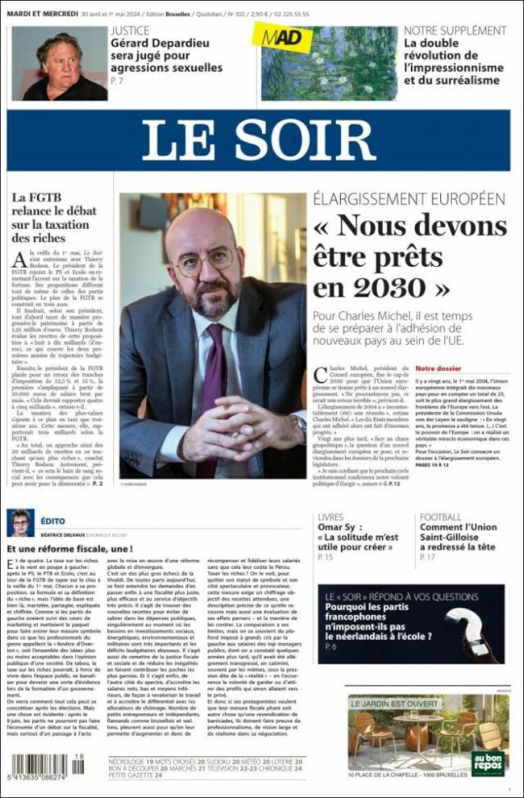Portada de Le Soir (B&eacute;lgica)