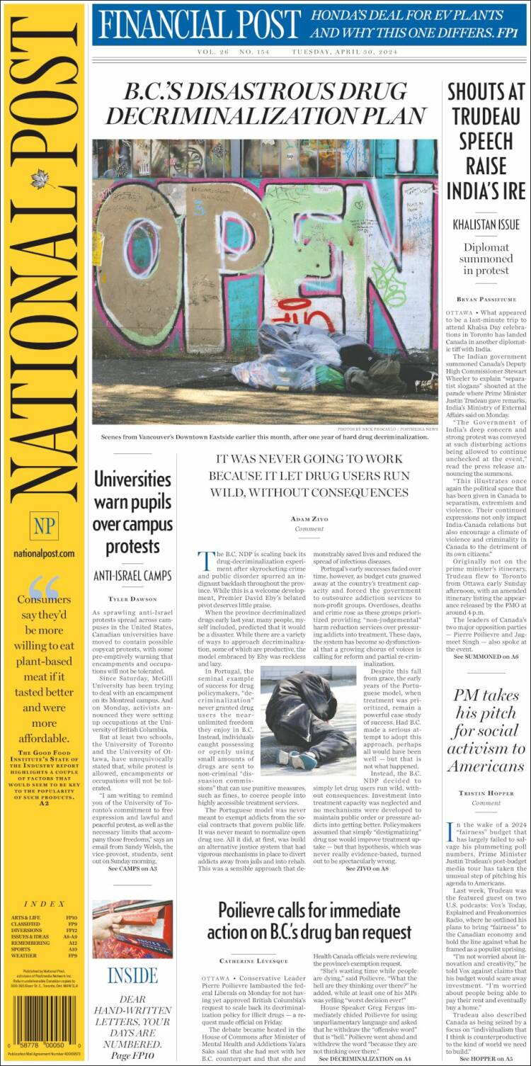 Portada de The National Post (Canad&aacute;)