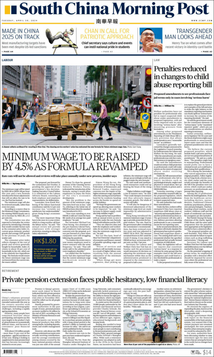Portada de South China Morning Post (China)