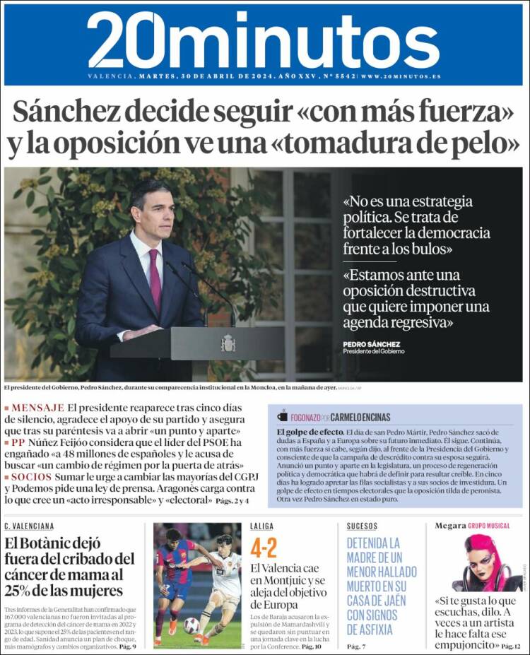 Portada de 20 Minutos - Valencia (España)