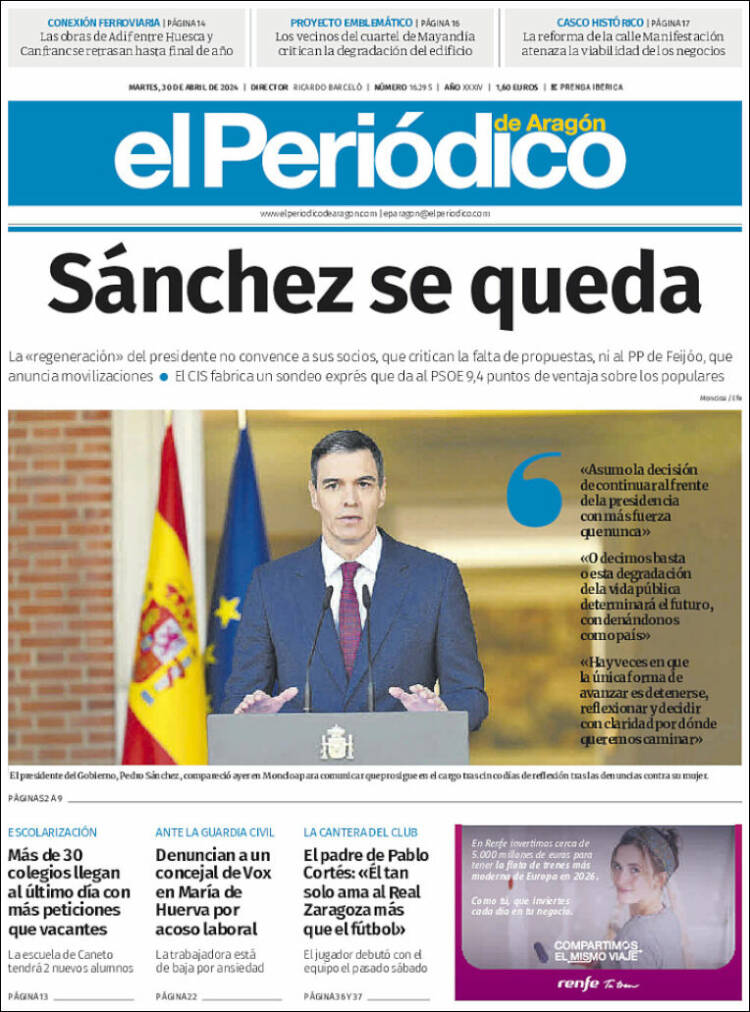 Portada de El Periódico de Aragón (España)
