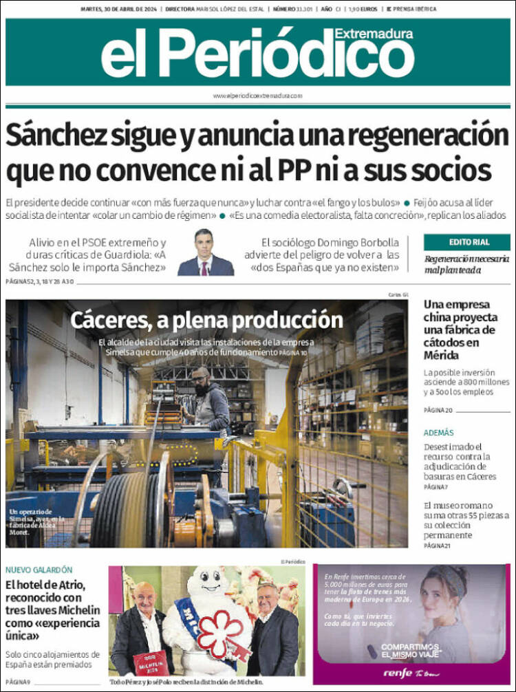 Portada de El Periódico de Extremadura (España)
