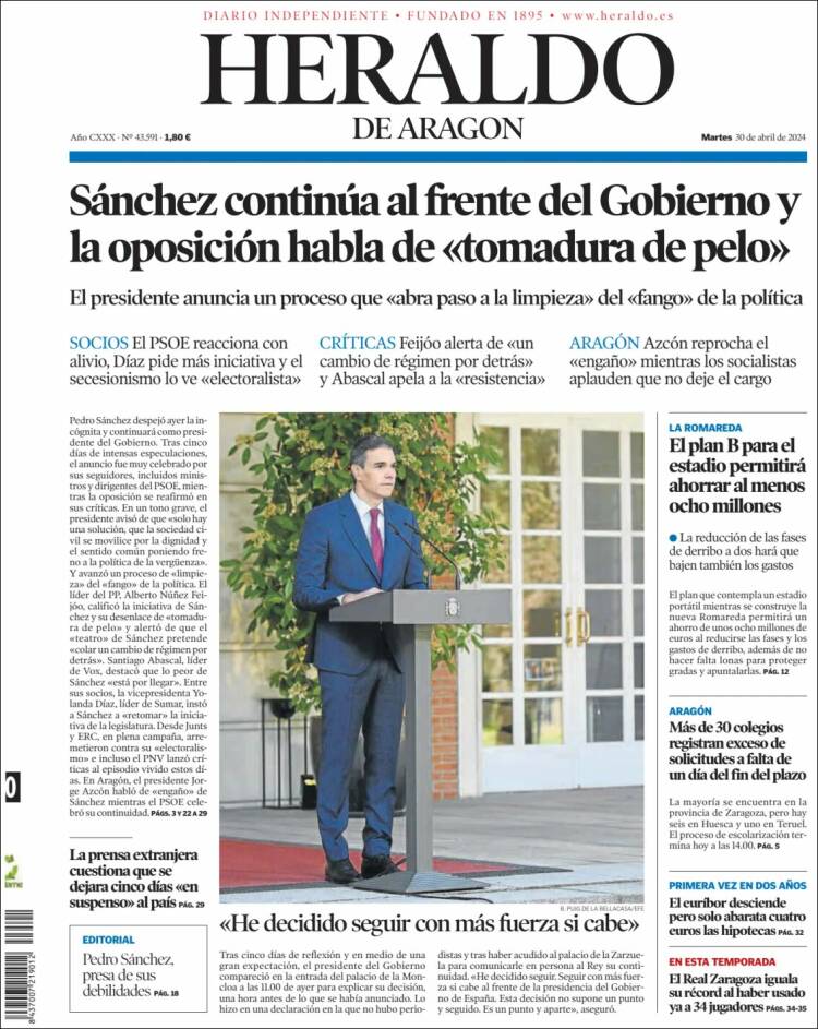 Portada de Heraldo de Aragón (España)