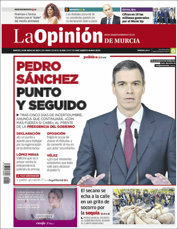 Portada de La Opinión de Murcia (España)