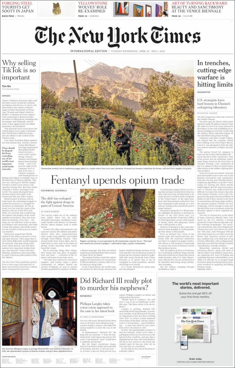 Portada de International New York Times (Europa)