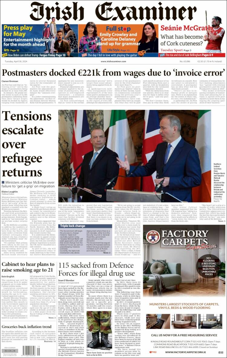 Portada de Irish Examiner (Irlanda)