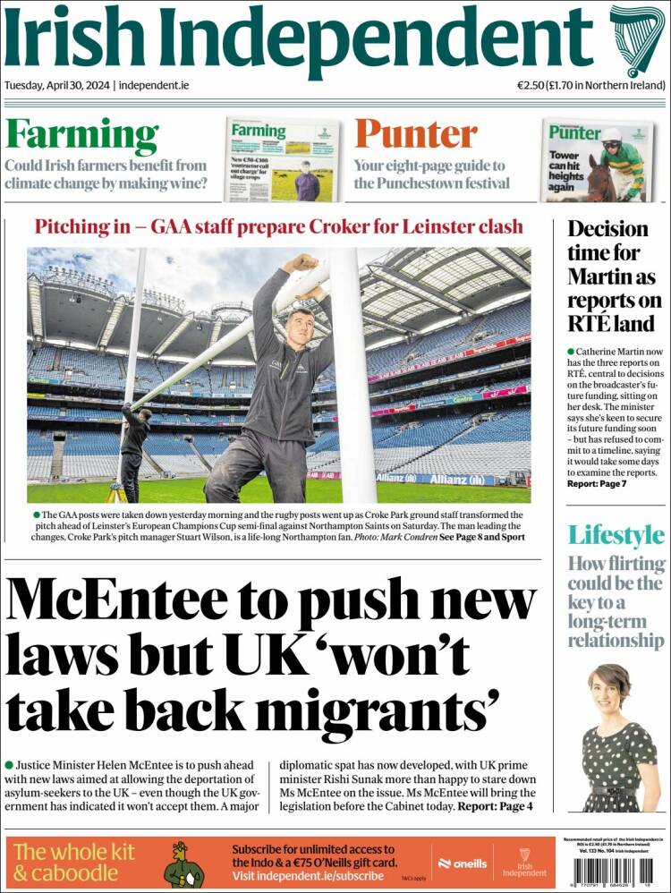 Portada de Irish Independent (Irlanda)