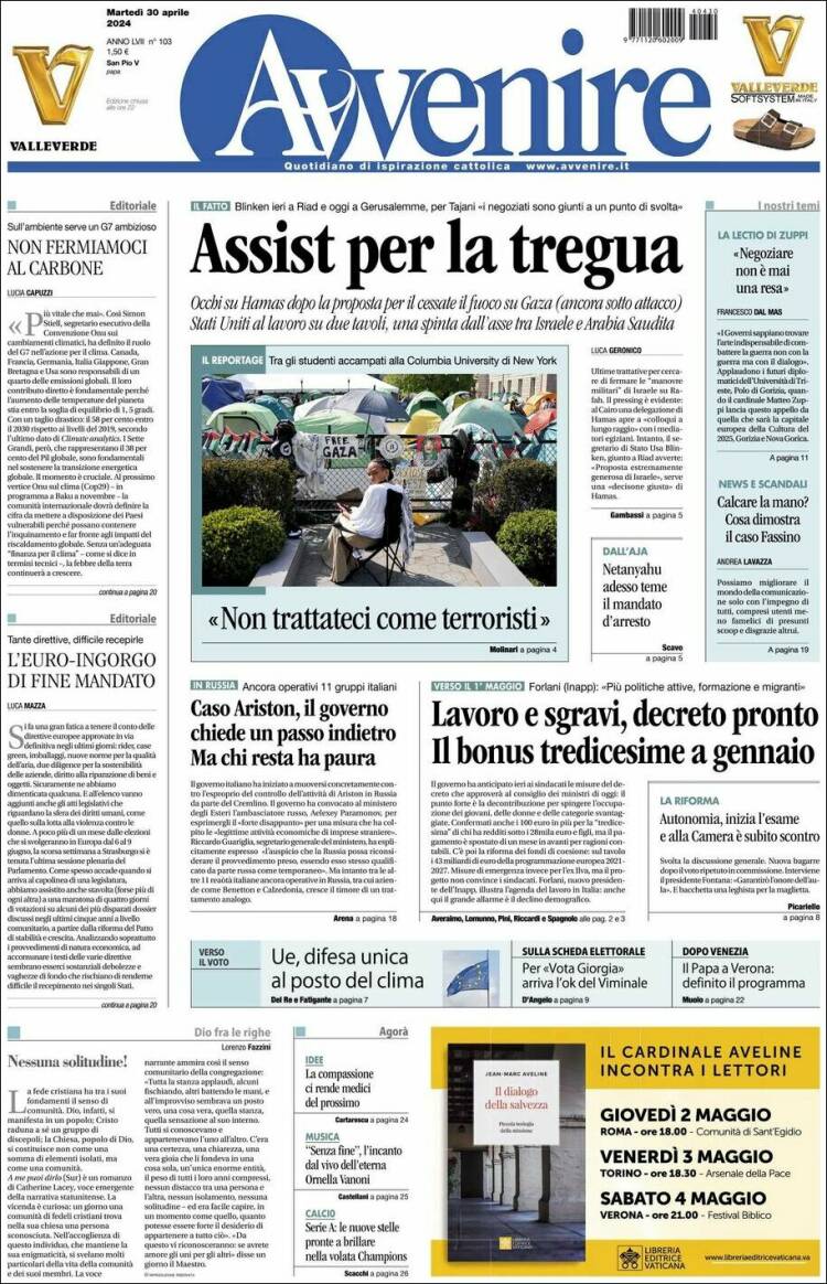 Portada de Avvenire (Italia)