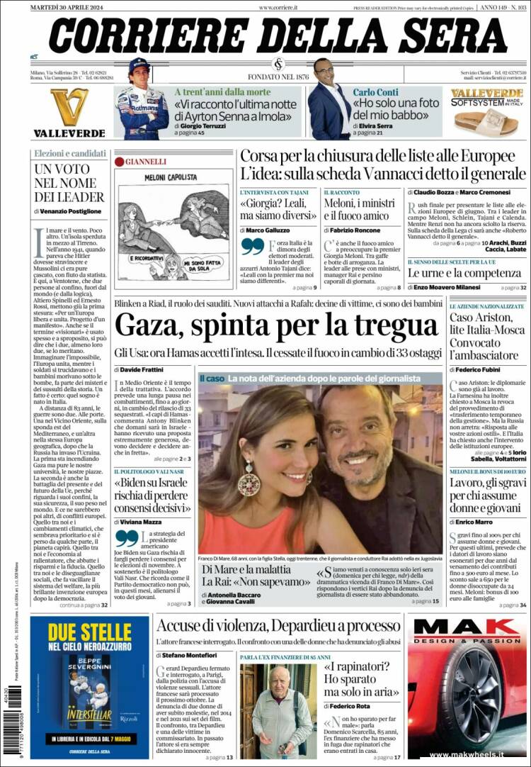 Portada de Corriere della Sera (Italia)