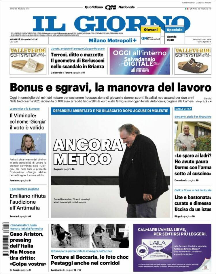 Portada de Il Giorno (Italia)