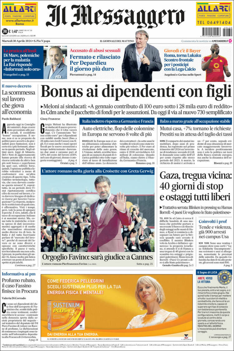 Portada de Il Messaggero (Italia)