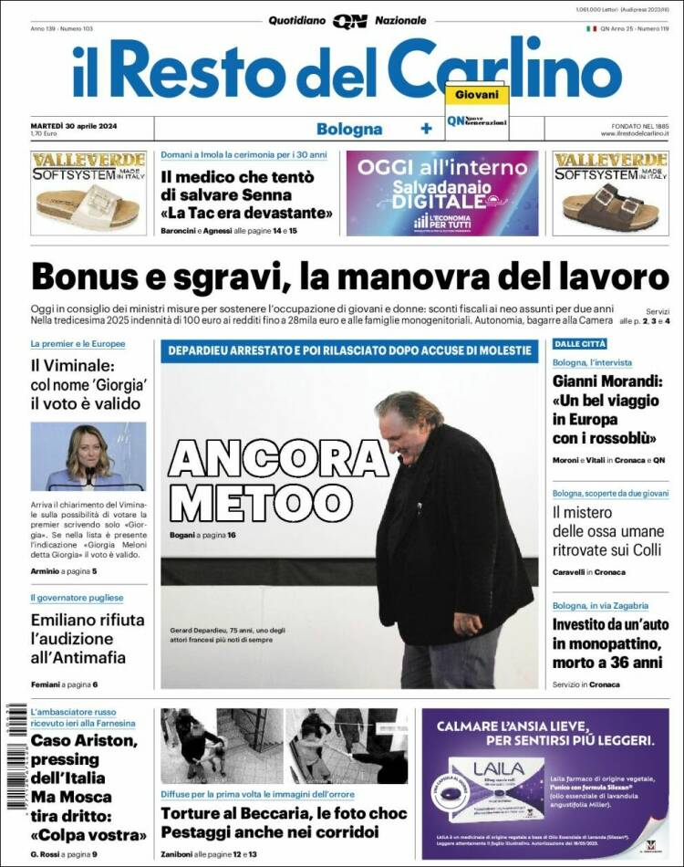 Portada de Il Resto del Carlino (Italia)
