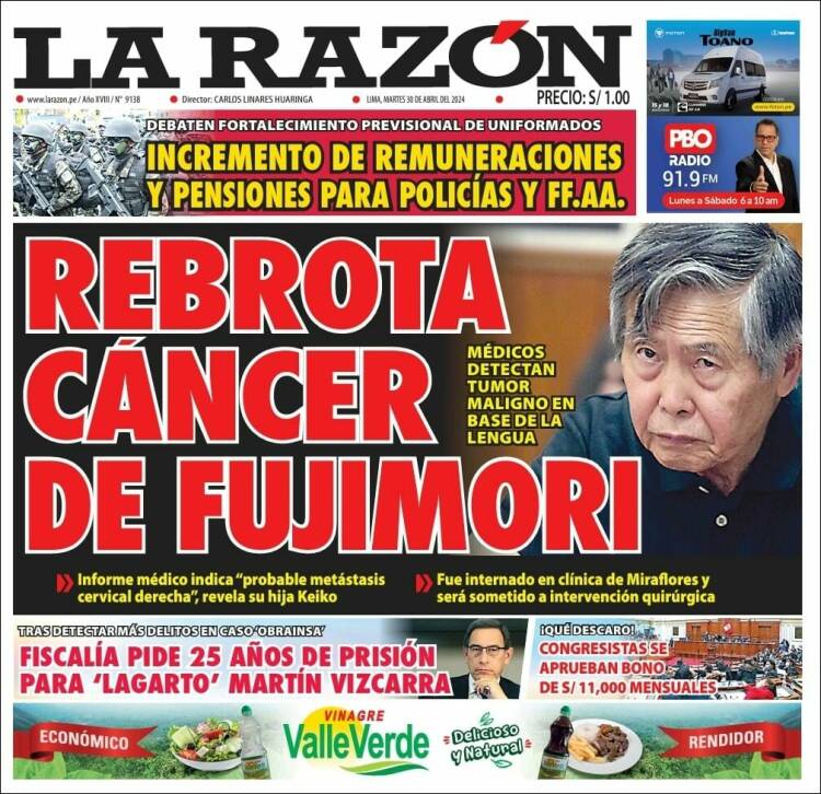 Portada de La Razón (Per&uacute;)