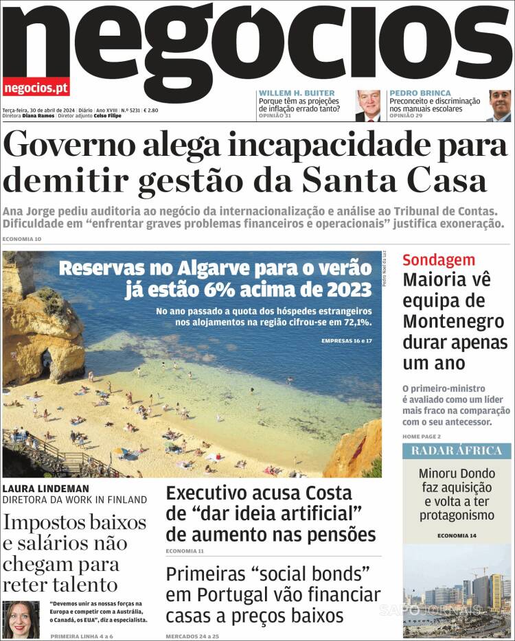 Portada de Jornal de Negócios (Portugal)