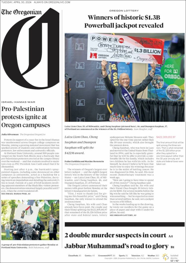 Portada de The Oregonian (USA)