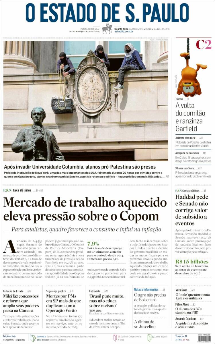 Portada de O Estado de São Paulo (Brasil)