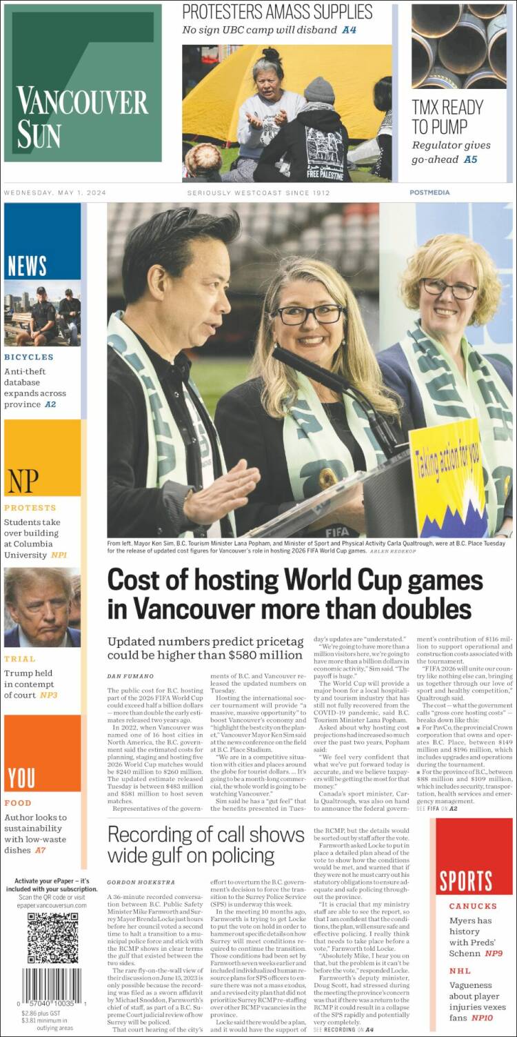 Portada de The Vancouver Sun (Canadá)