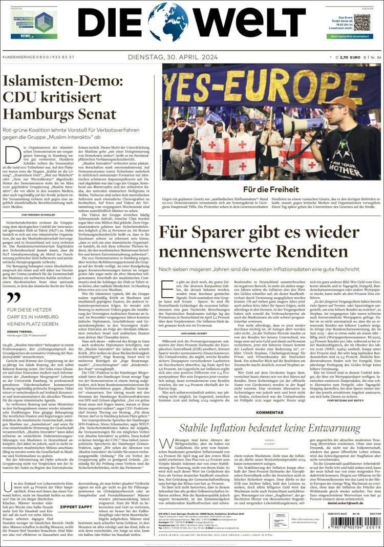 Portada de Die Welt (Alemania)