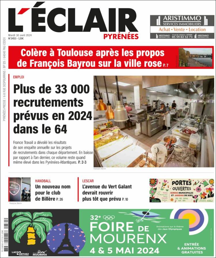 Portada de L'Eclair des Pyrénées (Francia)