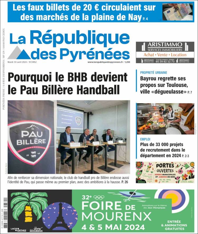 Portada de La République des Pyrénées (Francia)