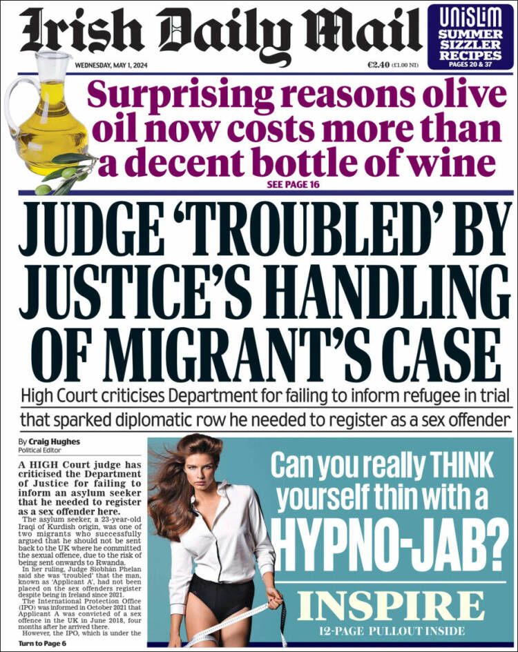 Portada de Irish Daily Mail (Irlanda)