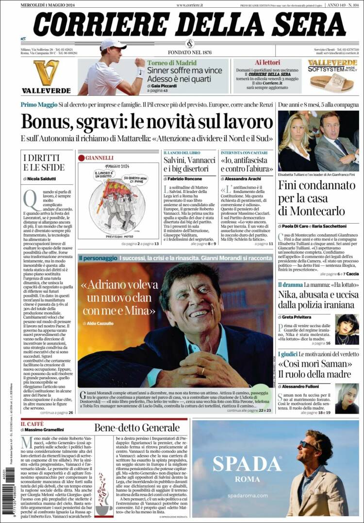 Portada de Corriere della Sera (Italia)