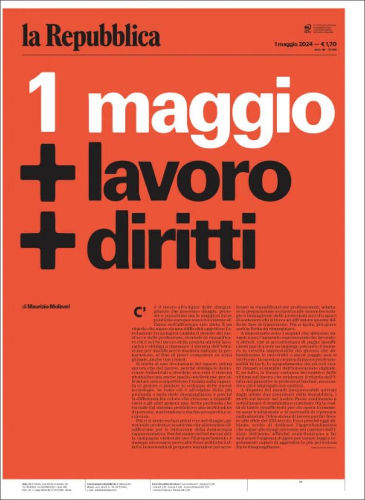 Portada de La Repubblica (Italia)