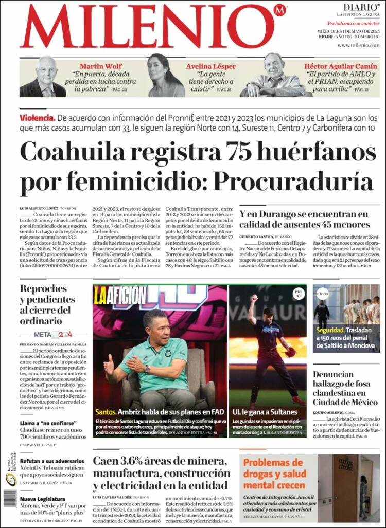 Portada de Milenio - Laguna (México)