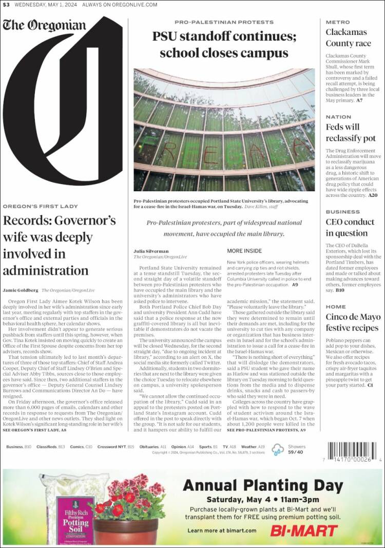 Portada de The Oregonian (USA)