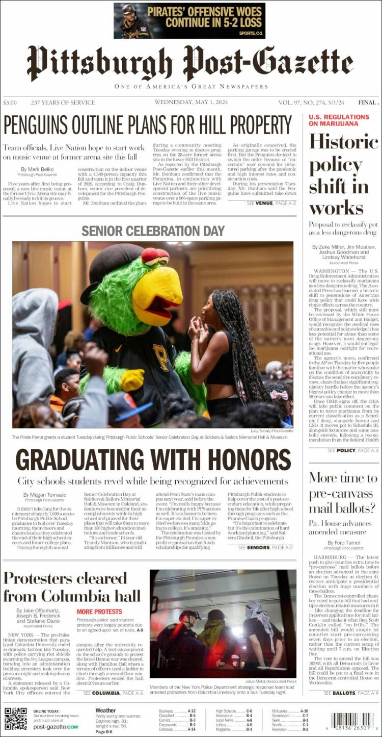 Portada de Pittsburgh Post-Gazette (USA)