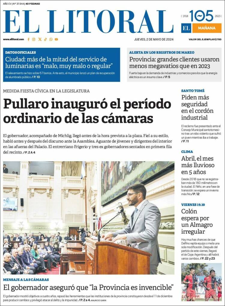 Portada de Diario El Litoral (Argentina)