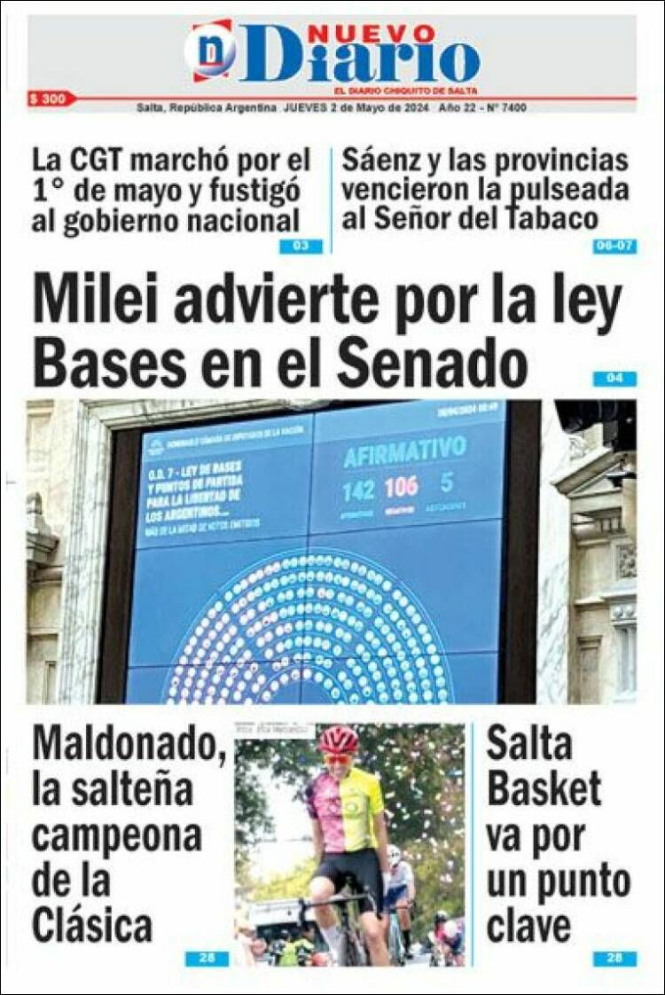 Portada de Nuevo Diario de Salta (Argentina)