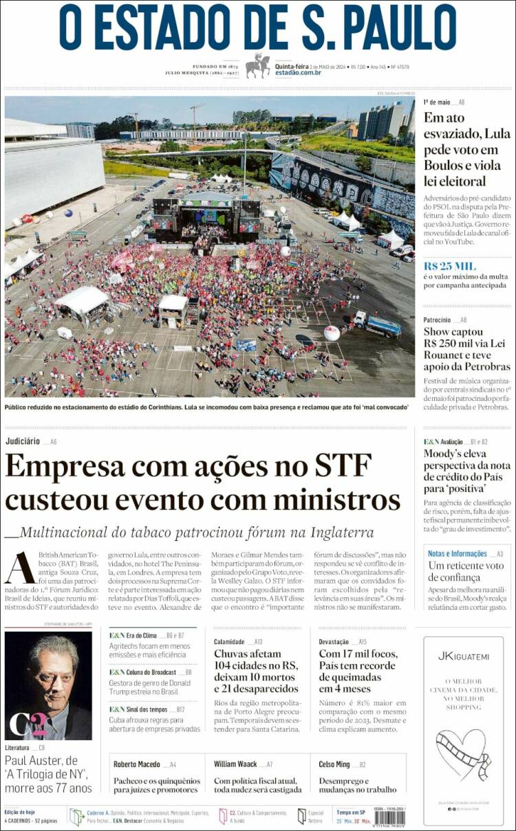 Portada de O Estado de São Paulo (Brasil)