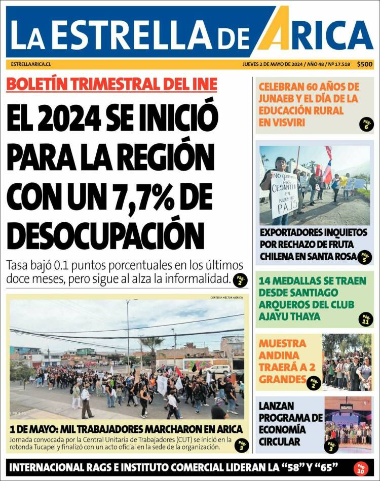 Portada de La Estrella de Arica (Chile)