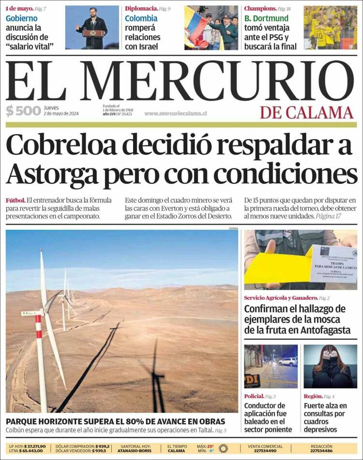 Portada de El Mercurio - Calama (Chile)