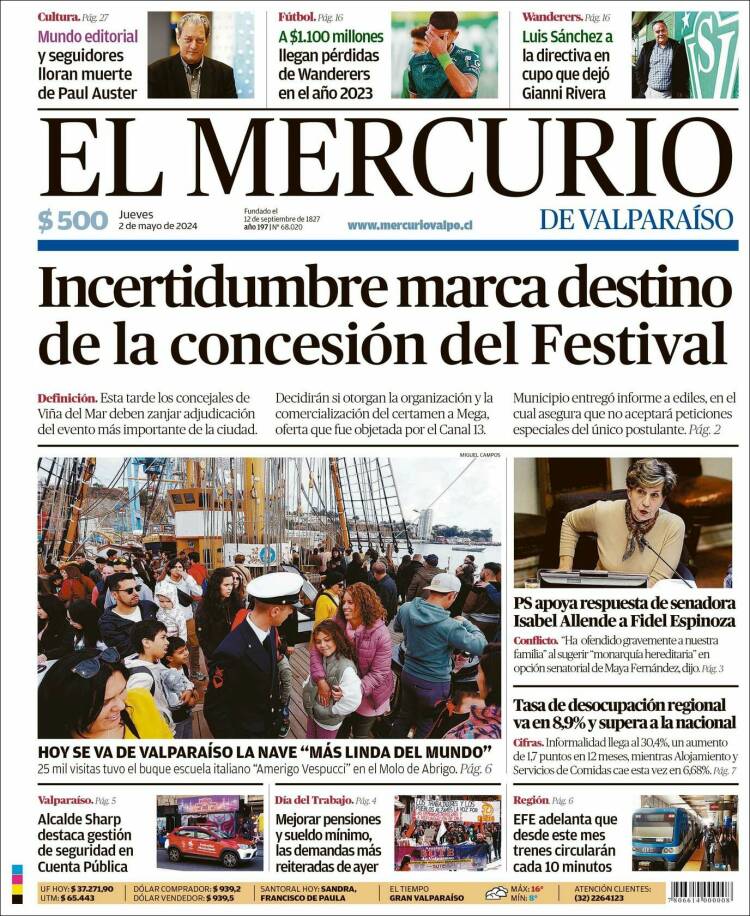 Portada de Mercurio de Valparaiso (Chile)