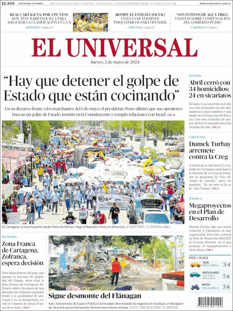 Portada de El Universal (Colombia)