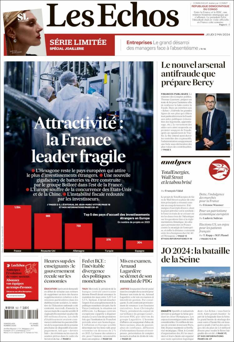 Portada de Les Echos (Francia)