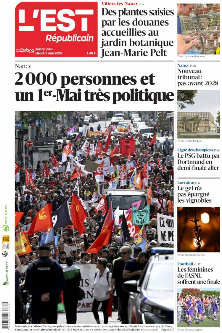 Portada de L'Est Republicain (Francia)