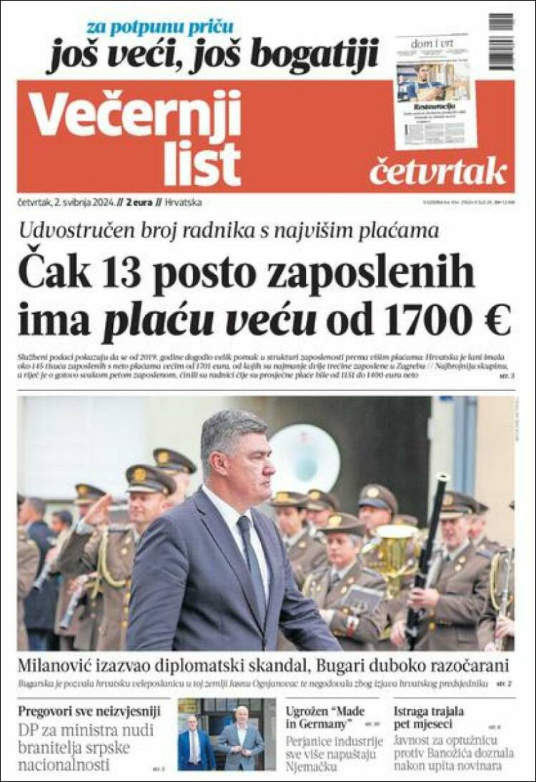 Portada de Večernji (Croacia)