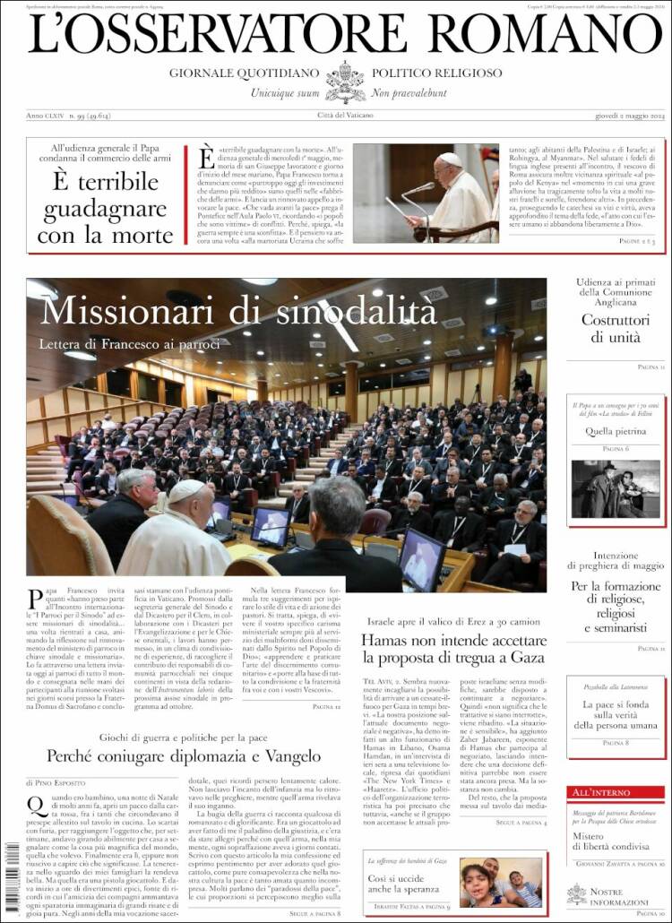 Portada de L'Osservatore Romano (Italia)